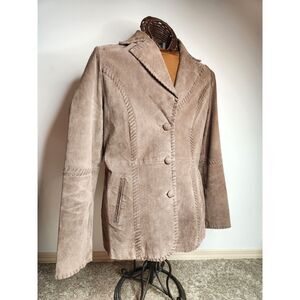 Taupe Suede Button Jacket Sz. Large Western Stitch Detail Country Chic Blazer
